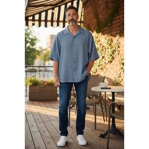 Etienne Aigner Mens Blue Half Sleeve Button Down Shirt Size 17 1/2